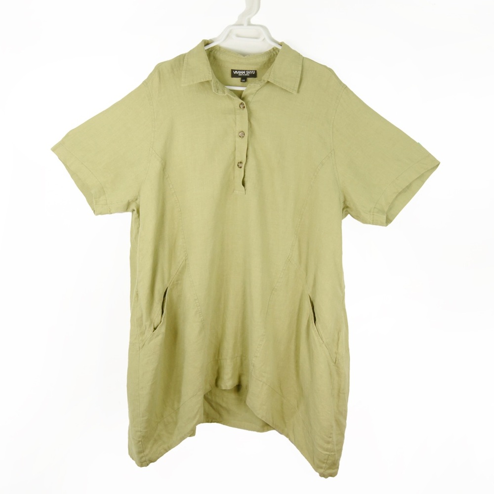 Vivian Shyu Pale Green Short Sleeve Oversized Linen Quarter Button Shirt